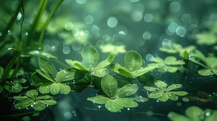 Aquatic plants, lush greenery, serene water close up, focus on, copy space, fresh and vibrant, Double exposure silhouette with plants