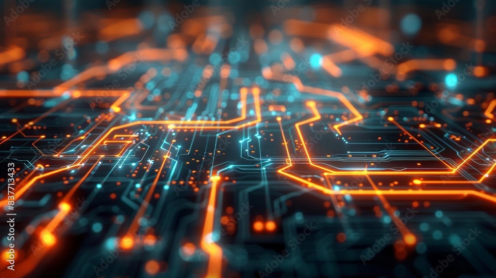 Poster generate an abstract technology background image with glowing orange and blue circuit board pattern.