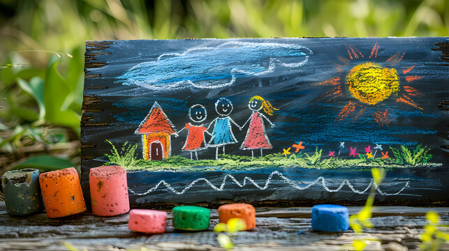 Superbe dessin d'enfant repr&eacute;sentant des personnages et des maisons