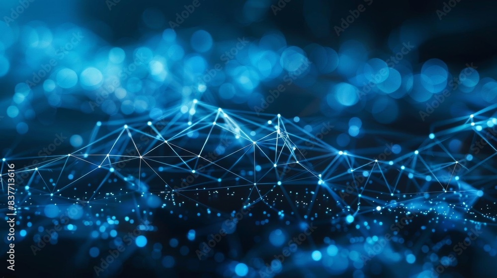 Poster a beautiful and intricate blue and black background of interconnected nodes and points of light.