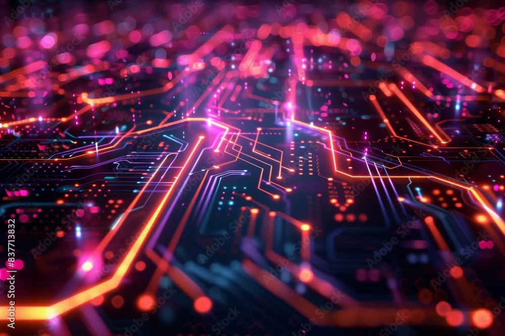 Poster An abstract representation of a computer chip, with glowing red and blue lines and nodes on a black background.
