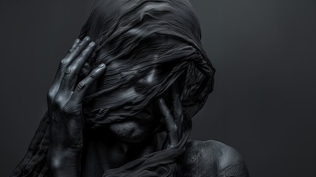  portrait of man head covered by black fabric with hand grabbing the face, trapped mind illustration