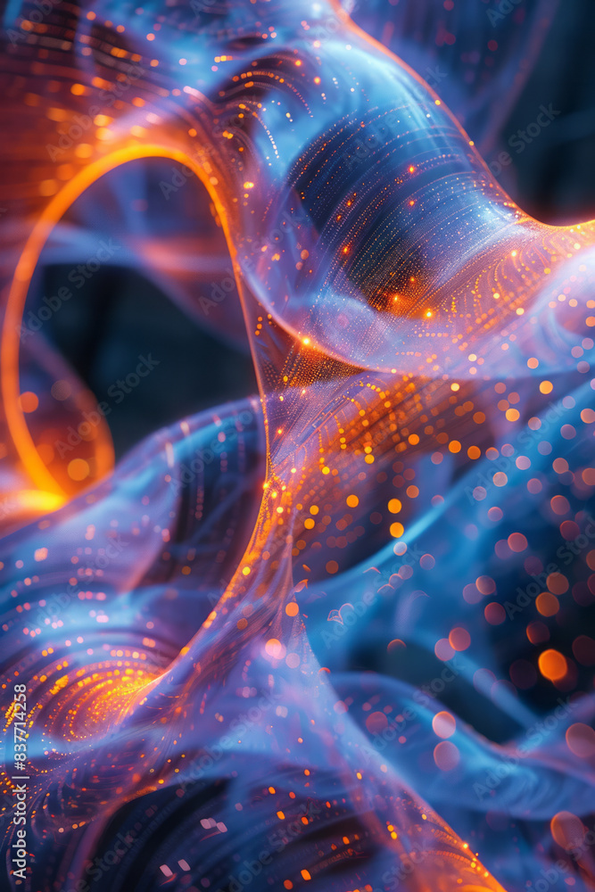 Poster a close-up of a neon infinity loop with intricate light patterns and reflections,