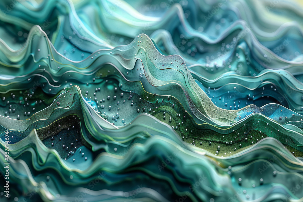Aufkleber an abstract 3d pixel art pattern of waves, with varying shades of blue and green pixels creating a s