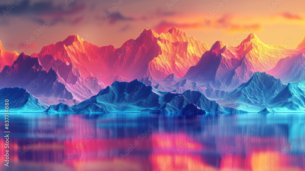 Poster a 3d pixel art rendering of a geometric landscape, with sharp peaks and valleys in contrasting color