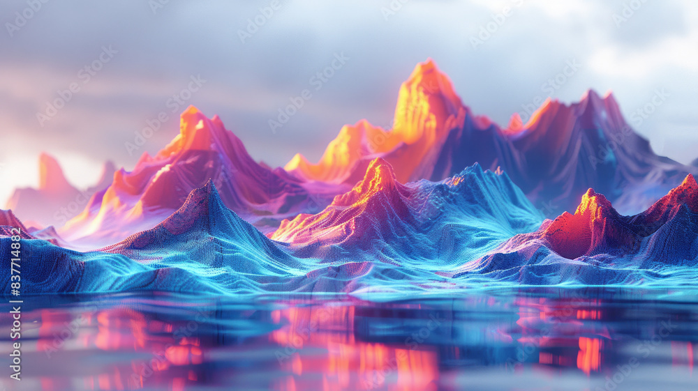Poster a 3d pixel art rendering of a geometric landscape, with sharp peaks and valleys in contrasting color