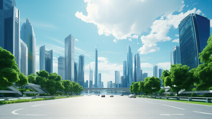 Sustainable Future: Green Urban Cityscape Under Blue Skies