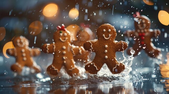 Cheerful gingerbread men dancing in the rain