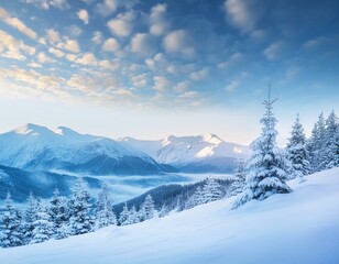 Fototapeta premium Enjoying a beautiful winter scene, with snow covered fir trees in the foreground and majestic mountains rising in the distance