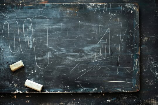 Dirty class blackboard with back to school message and white chalk and eraser close up. Top view