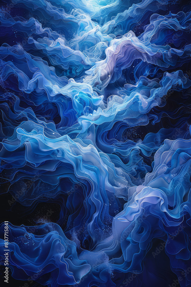 Poster an abstract 3d pixel art design of a flowing river, with varying shades of blue pixels creating a se