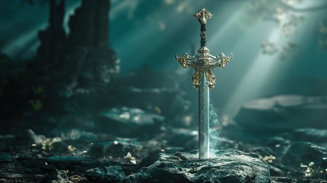 an ornate arthur excalibur sword stuck in a stone in the misty forest with beam rays of light from above, on black background