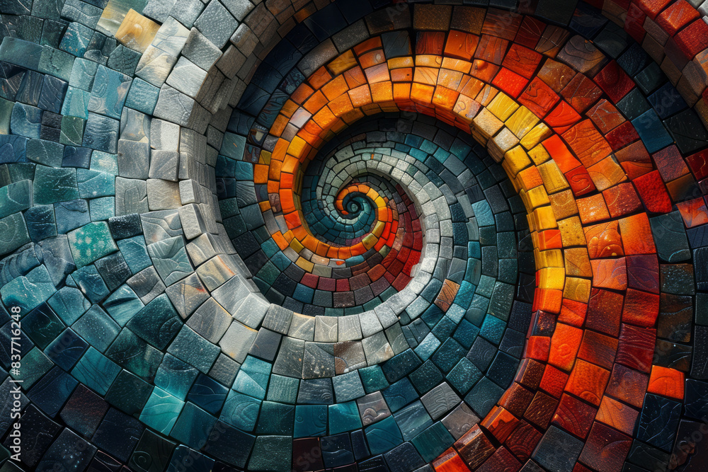 Poster an abstract digital mosaic of a spiral pattern, with 3d pixels creating depth and movement,