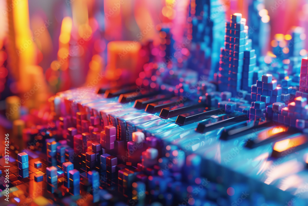 Poster a 3d pixel art rendering of a musical theme, with abstract notes and instruments in bright colors,
