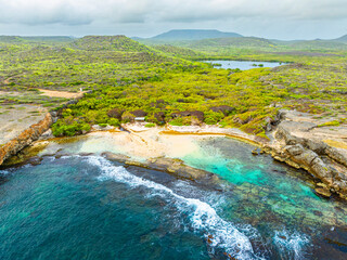 Aerial view over a blooming Caribbean island