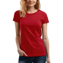 Fototapeta premium Cherry Red t-shirt with a round neckline, solid color, white background.