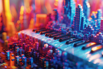 Obraz premium A 3D pixel art rendering of a musical theme, with abstract notes and instruments in bright colors,