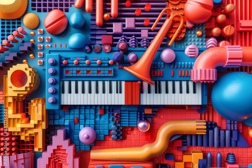 Aufkleber a 3d pixel art rendering of a musical theme, with abstract notes and instruments in bright colors,