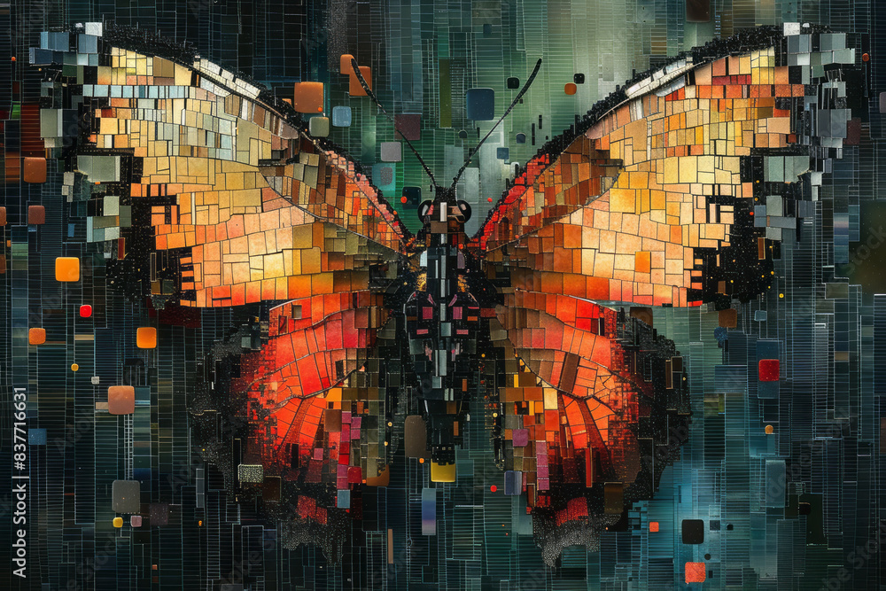 Poster an abstract digital mosaic of a butterfly, with 3d pixels forming intricate wing patterns in various
