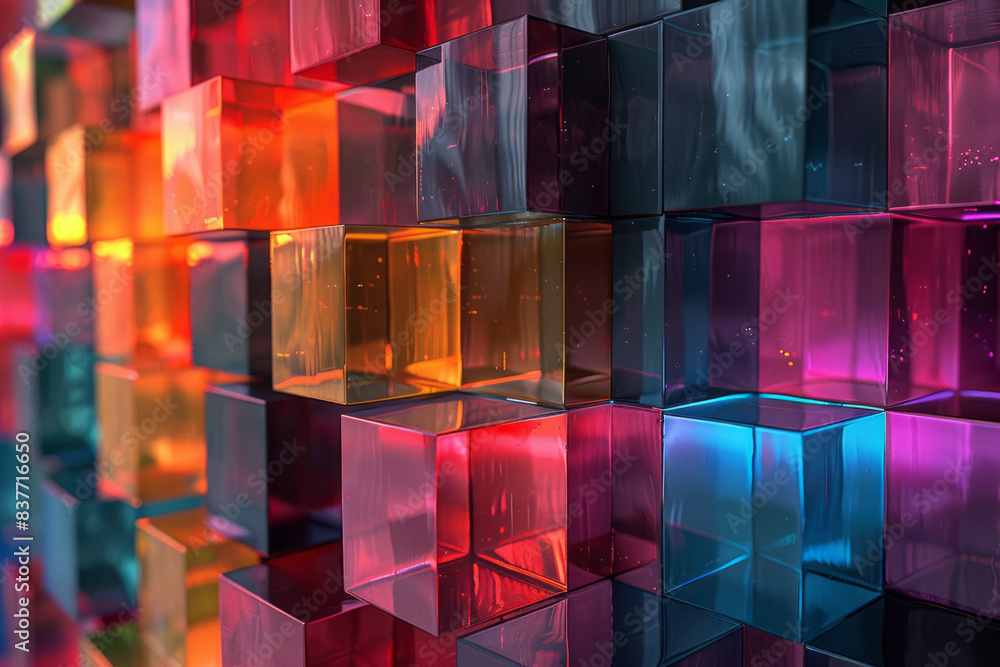 Poster a grid of colorful 3d cubes forming a gradient from dark to light, creating a sense of depth and dim