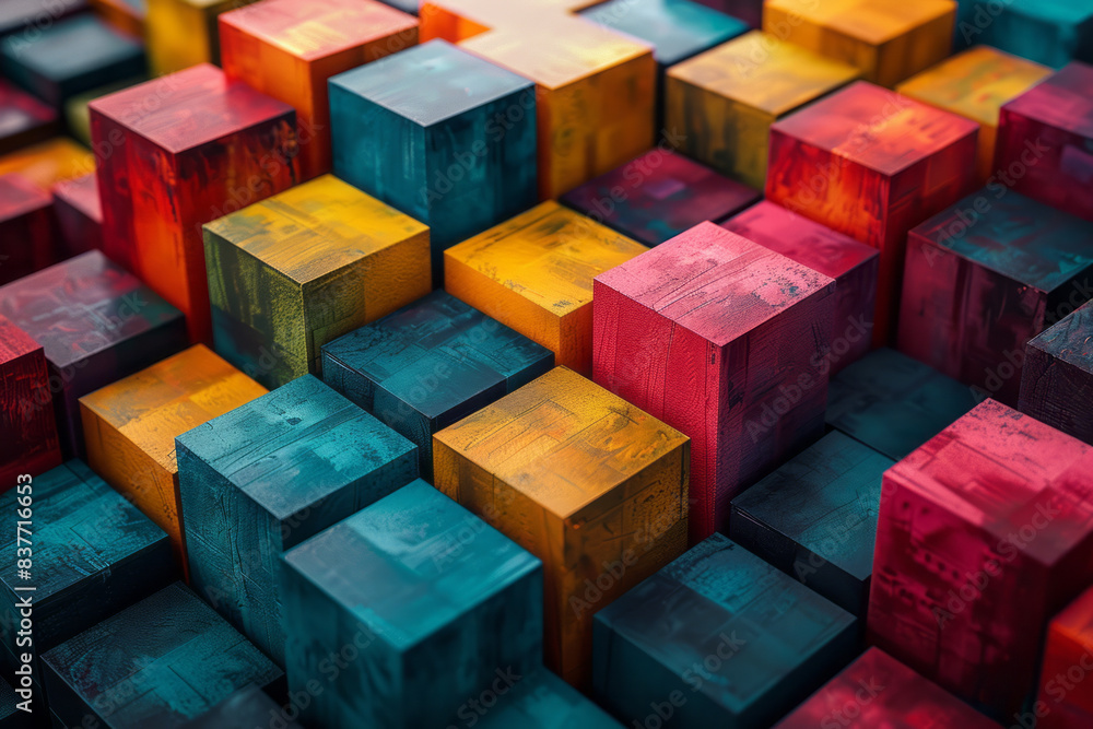 Poster a grid of colorful 3d cubes forming a gradient from dark to light, creating a sense of depth and dim