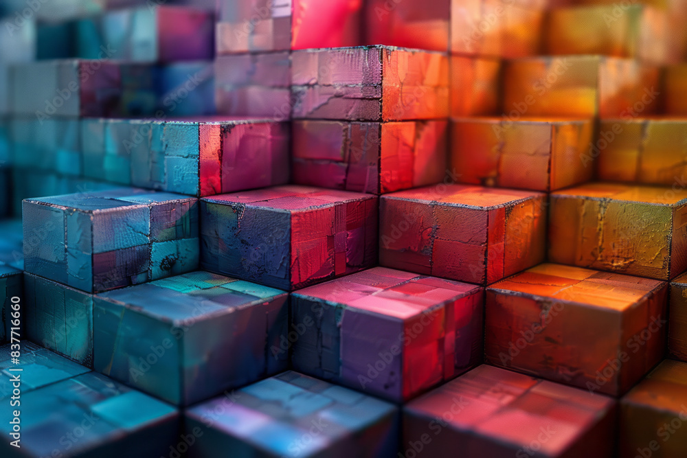 Poster a grid of colorful 3d cubes forming a gradient from dark to light, creating a sense of depth and dim