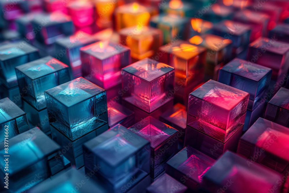 Poster a grid of colorful 3d cubes forming a gradient from dark to light, creating a sense of depth and dim