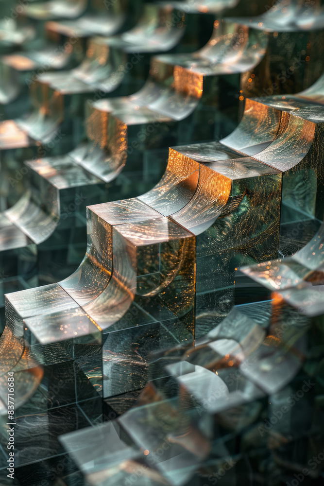 Poster an abstract 3d pixel grid with cubes of varying heights, arranged in a wave pattern,
