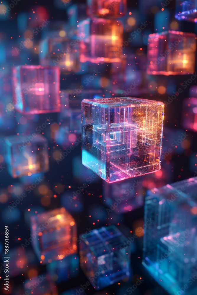 Aufkleber an abstract design of 3d cubes in a pixel grid, with some cubes glowing or emitting light,