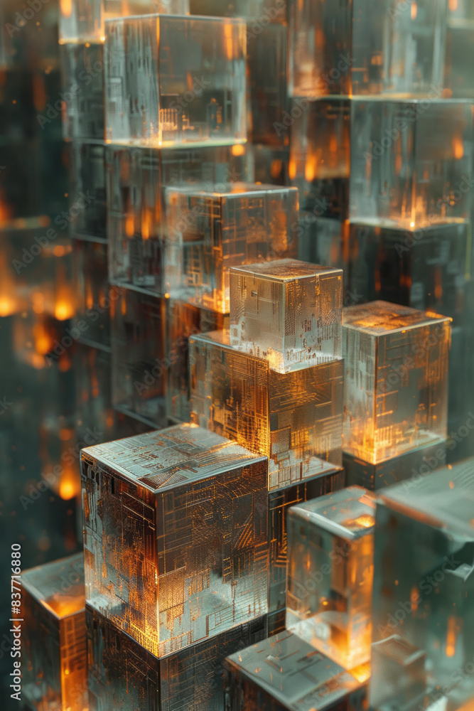 Aufkleber an abstract design of 3d cubes in a pixel grid, with some cubes glowing or emitting light,