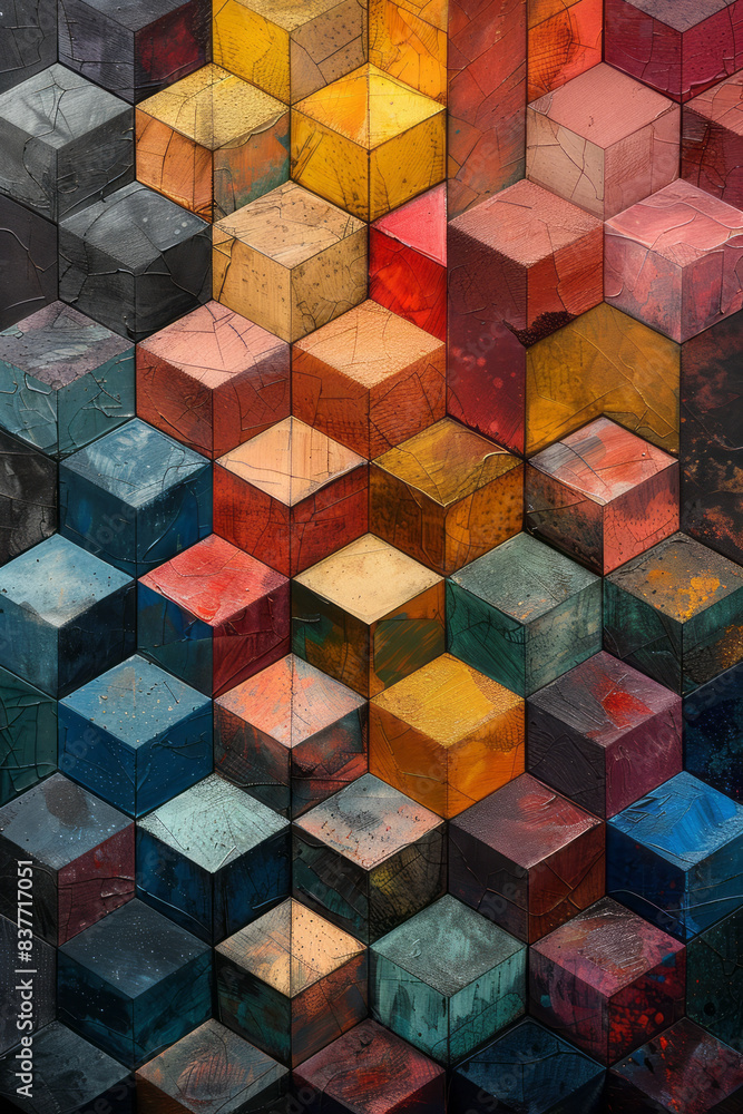 Poster a pattern of 3d cubes in a pixel grid, with alternating colors to create a checkerboard effect,