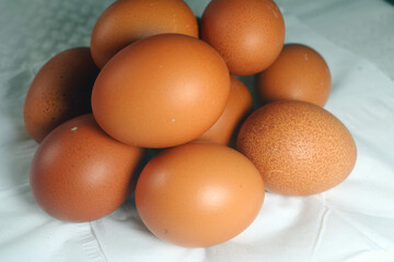 Fresh raw chicken eggs are placed in rows. Cover with tissue and water. in cardboard containers. Chicken eggs are healthy for the body. high nutritional value