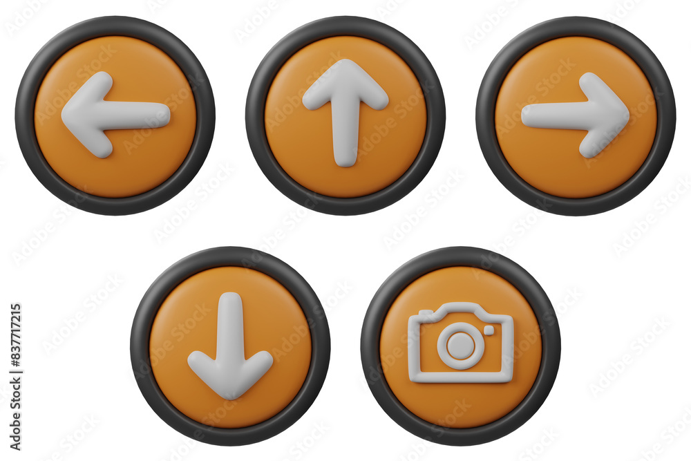 Poster 3d set button icon arrow and camera with orange color and black border for creative user interface a