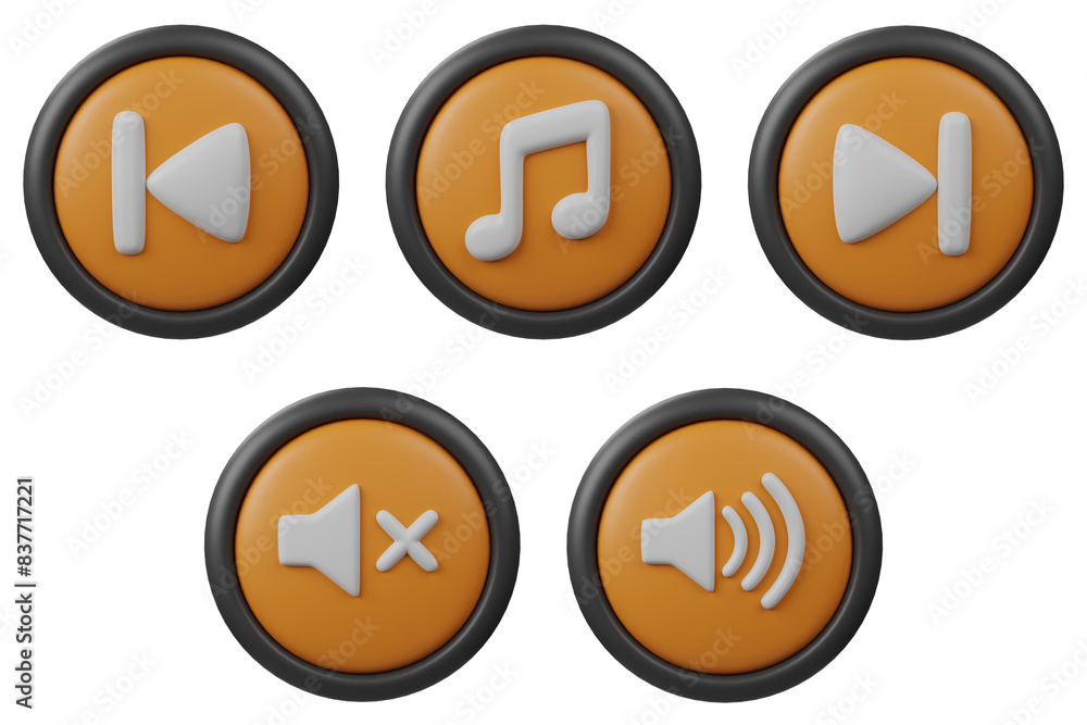 Poster 3d set button icon music, sound on and off, next and back with orange color and black border for cre