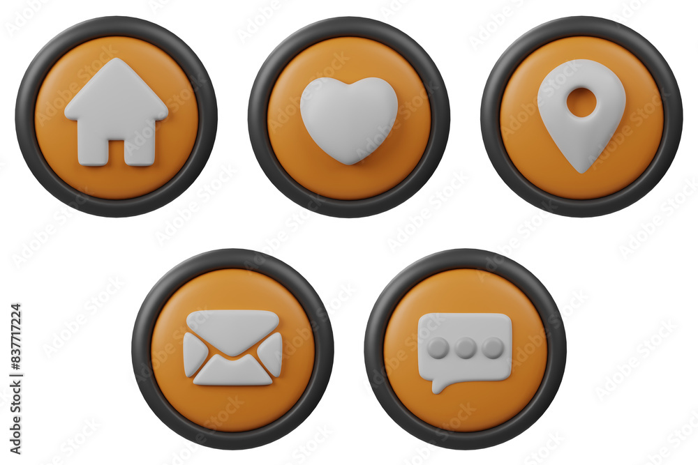 Poster 3d set button icon location, love, home, mail and message with orange color and black border for cre