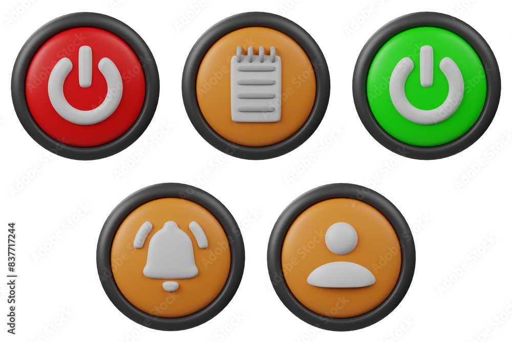 Poster 3d set button on, off, note, notification, profile button with orange color and black border for cre