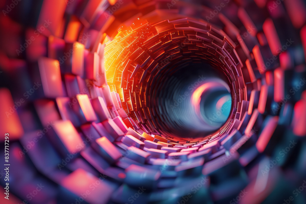 Poster an abstract image of a pixel grid with 3d cubes arranged in a spiral, creating a sense of motion,