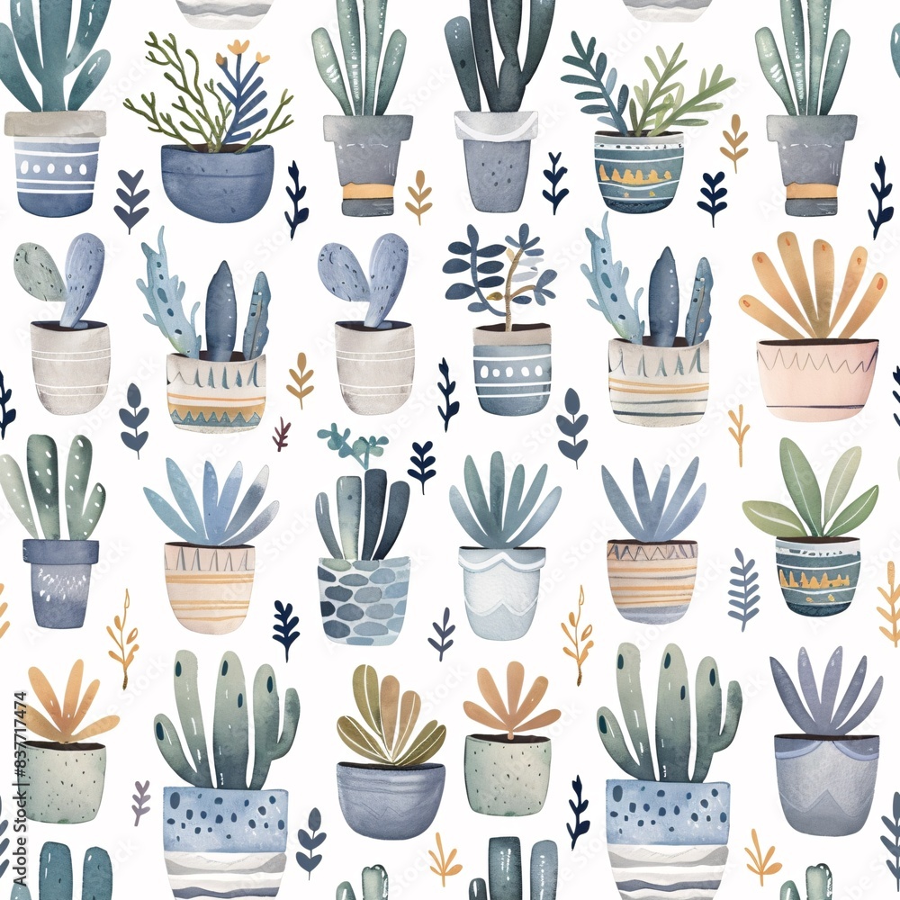Poster pastel-themed seamless pattern showcasing a variety of plants in ceramic pots, arranged in uniform r