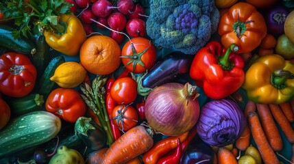 A vibrant assortment of fresh vegetables including peppers, tomatoes, onions, broccoli, and more, displayed in a colorful arrangement.