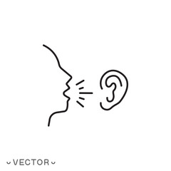 listening carefully speaker icon, social communication, attentive man speaking, whispering in ear, thin line symbol isolated on white background, editable stroke eps 10 vector illustration