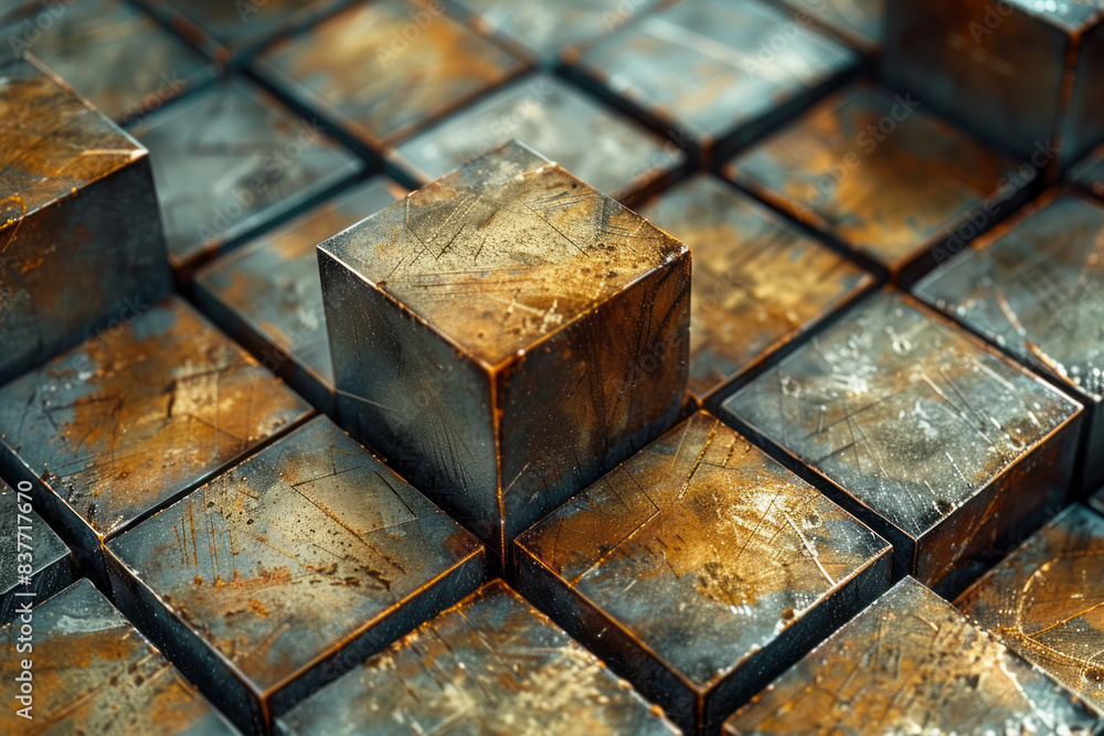 Poster a close-up of a pixel grid with 3d cubes forming an intricate, repeating pattern,