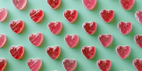 Patterned heart-shaped candies on green background, White Valentine's Day candies, love, love, anniversary, hearts, 4k HD wallpaper, background, generated by AI.Romantic Heart-shaped Candies: Sweet De