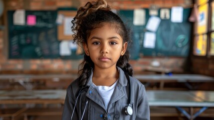  A young girl, holding a stethoscope, stands before a classroom adorned with desks and chalkboards A chalkboard at the front displays written content