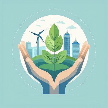 logo de protection de l'environnement en dessin ia, deux mains tenant des feuilles et une ville avec une &eacute;olienne