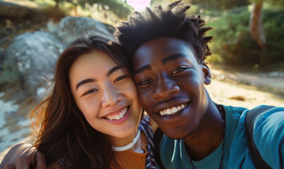 Naklejka premium Selfie of a cute young couple in nature. African American man and Japanese woman. Romantic selfie.