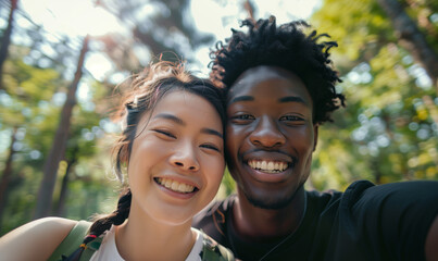 Naklejka premium Selfie of a cute young couple in nature. African American man and Japanese woman. Romantic selfie.