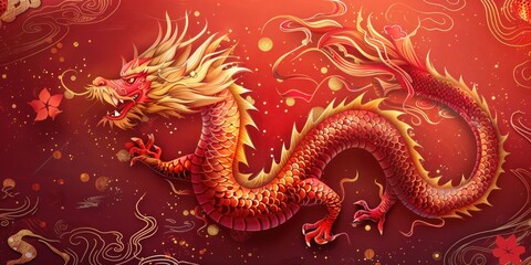 Chinese dragon, Zodiac. Chinese new year 2024 Asian Celebration, illustration fantasy anime manga Chinese Golden dragon