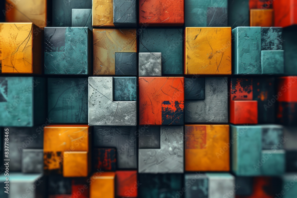 Poster an abstract design of 3d cubes in a pixel grid, with each cube having a unique texture or color,