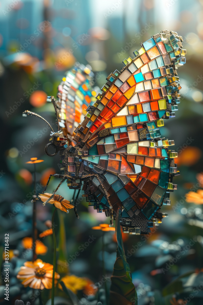 Poster a visual of a pixel grid where 3d cubes form the shape of a butterfly, with intricate wing patterns,