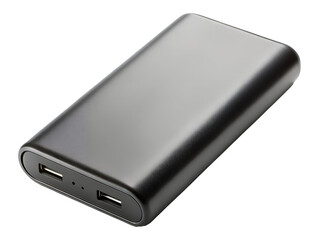 Portable black power bank with dual USB ports png isolated on transparent background